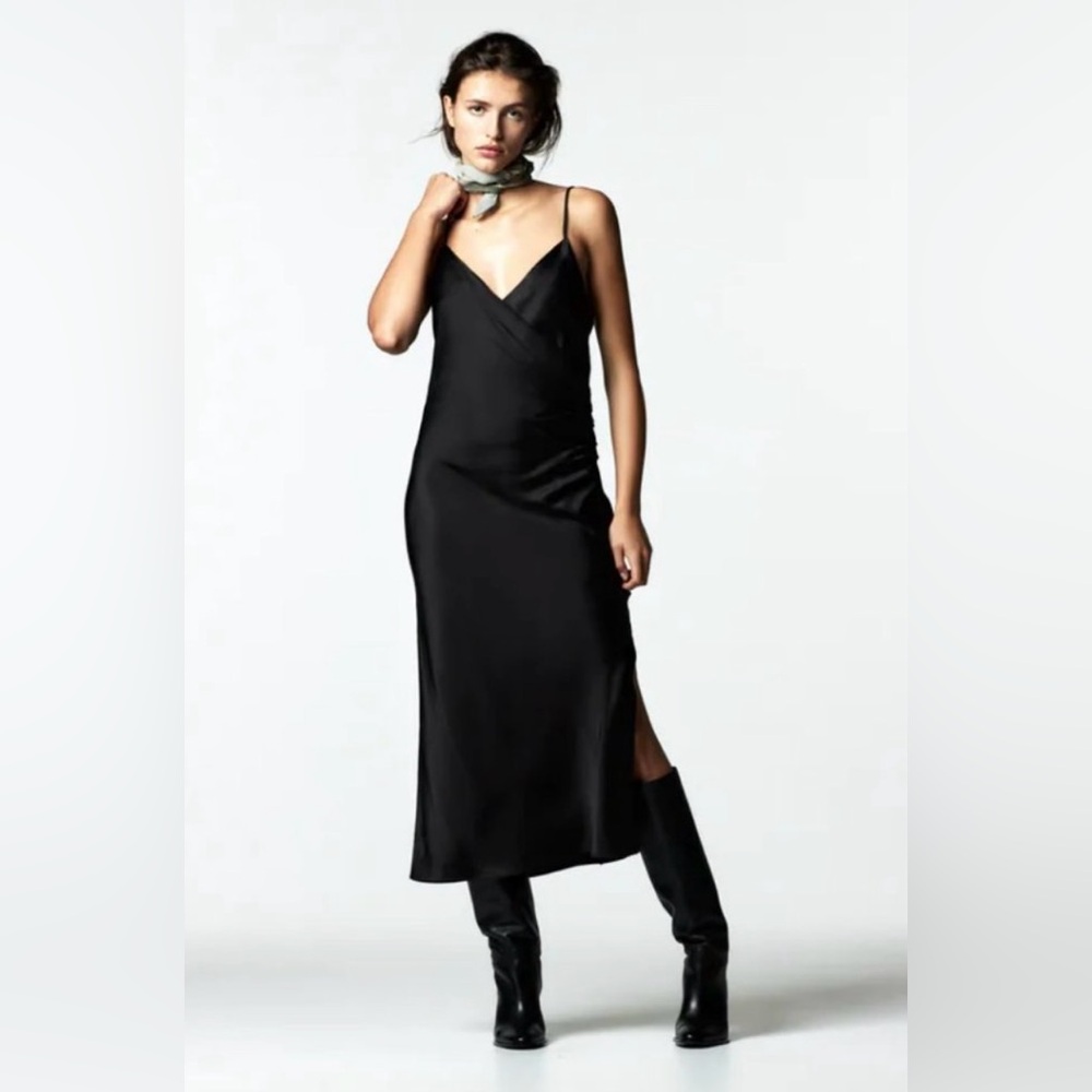 ZARA Black Draped Silky Midi Dress with Slit - Medium